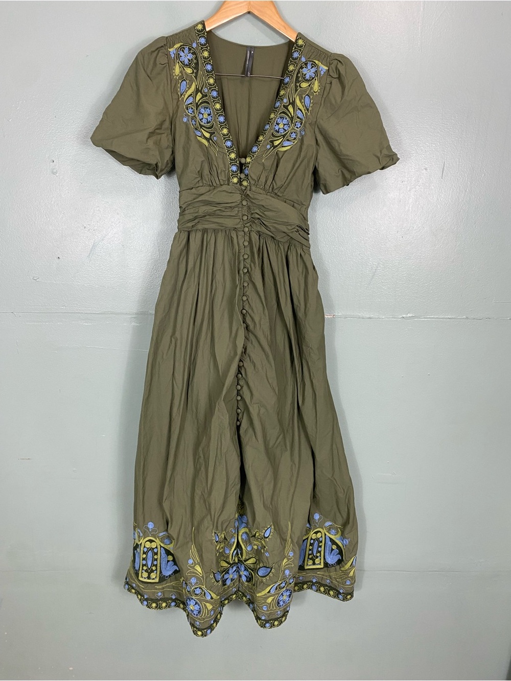 Anthropologie Katerina Green Embroidered Sundress Midi Dress XS